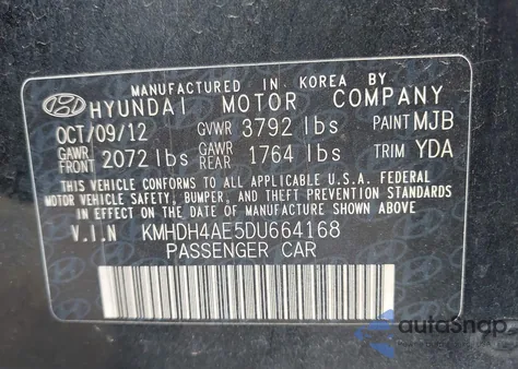 2013 Hyundai Elantra Gls z USA, uszkodzony, nr VIN KMHDH4AE5DU664168